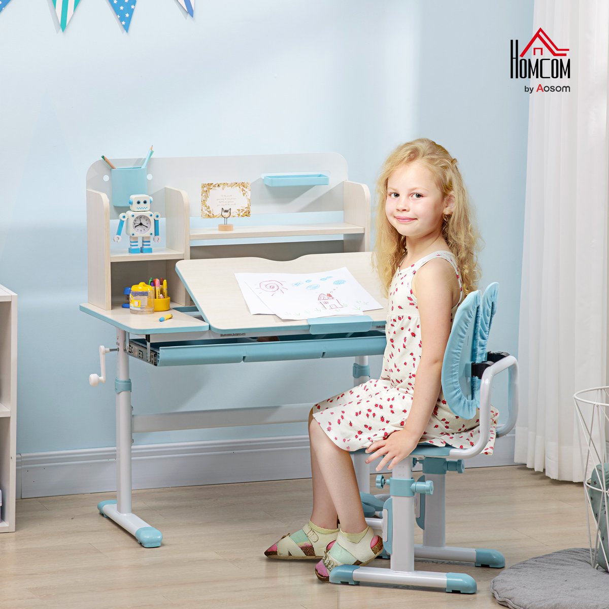 Ensemble bureau et chaise pour enfants PP bleu, HOMCOM