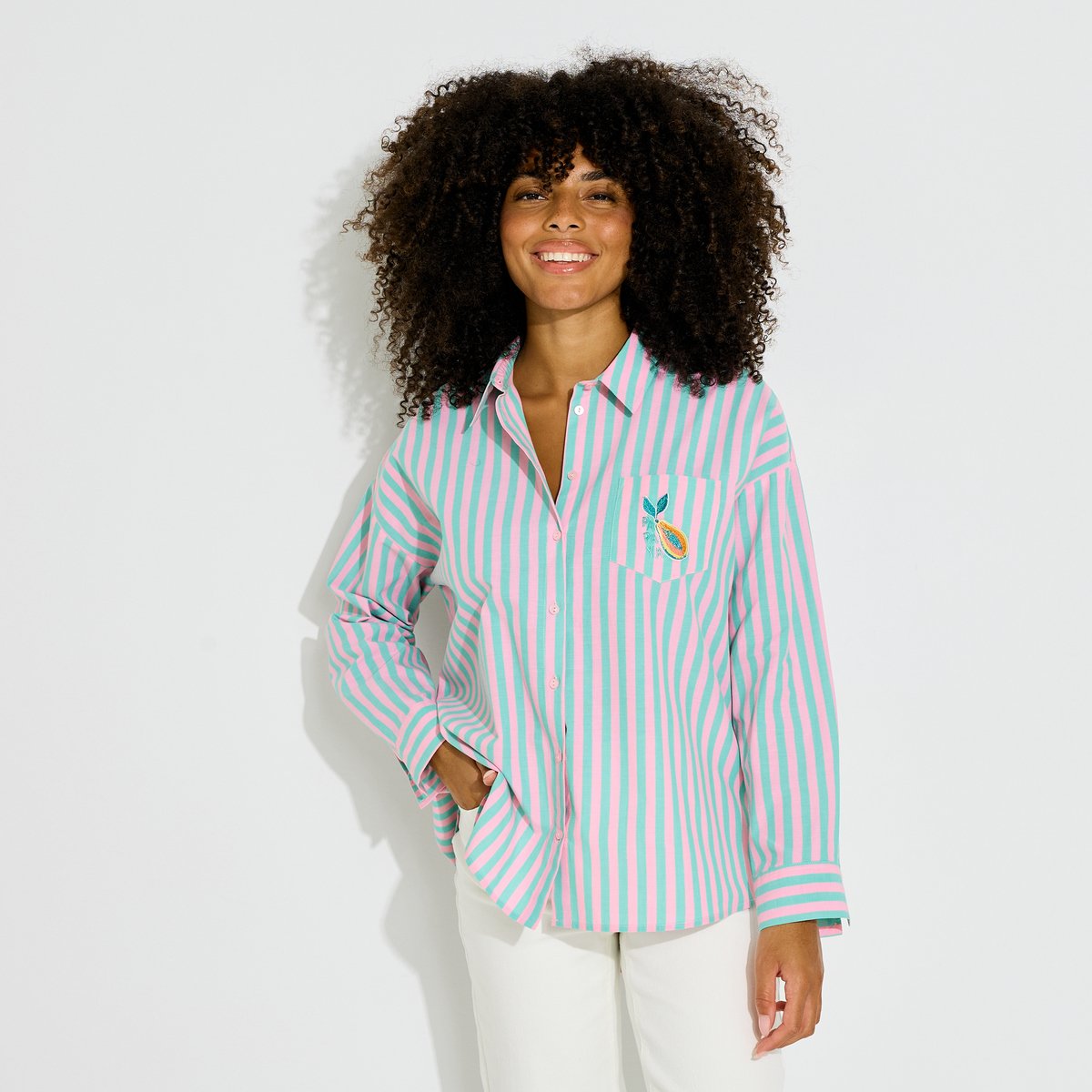 Chemise rayée broderie papaye rose, GRAIN DE MALICE