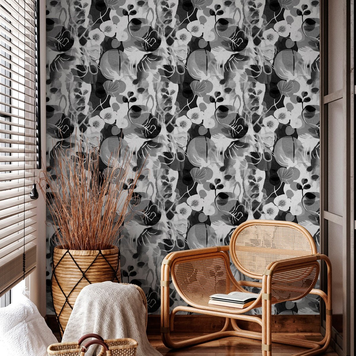Papier peint panoramique Hanami - intissé mat 192 x 300 cm noir, LE PAPIERS DE NINON