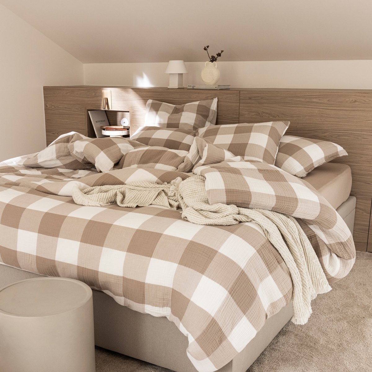 Housse de couette gaze de coton tissée, SIMPLEMENT GAUFRÉ VICHY beige, BLANC CERISE