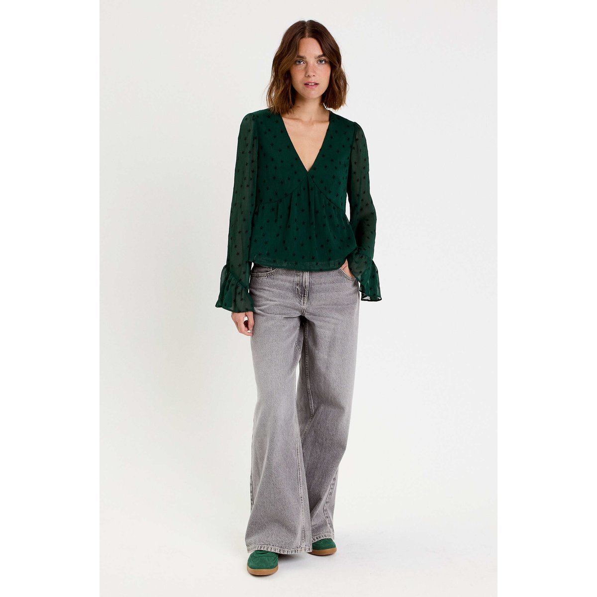 Blouse brodée volantée vert foncé, CACHE CACHE