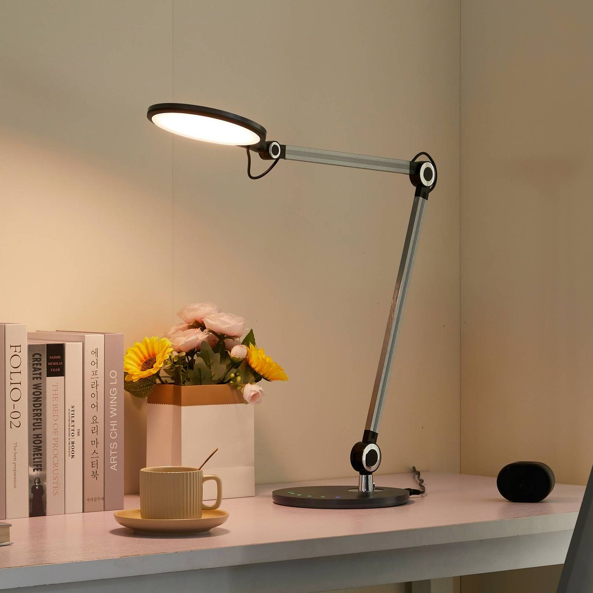 Lampe à poser moderneLED, Nyxaris gris métallique brossé, LINDBY