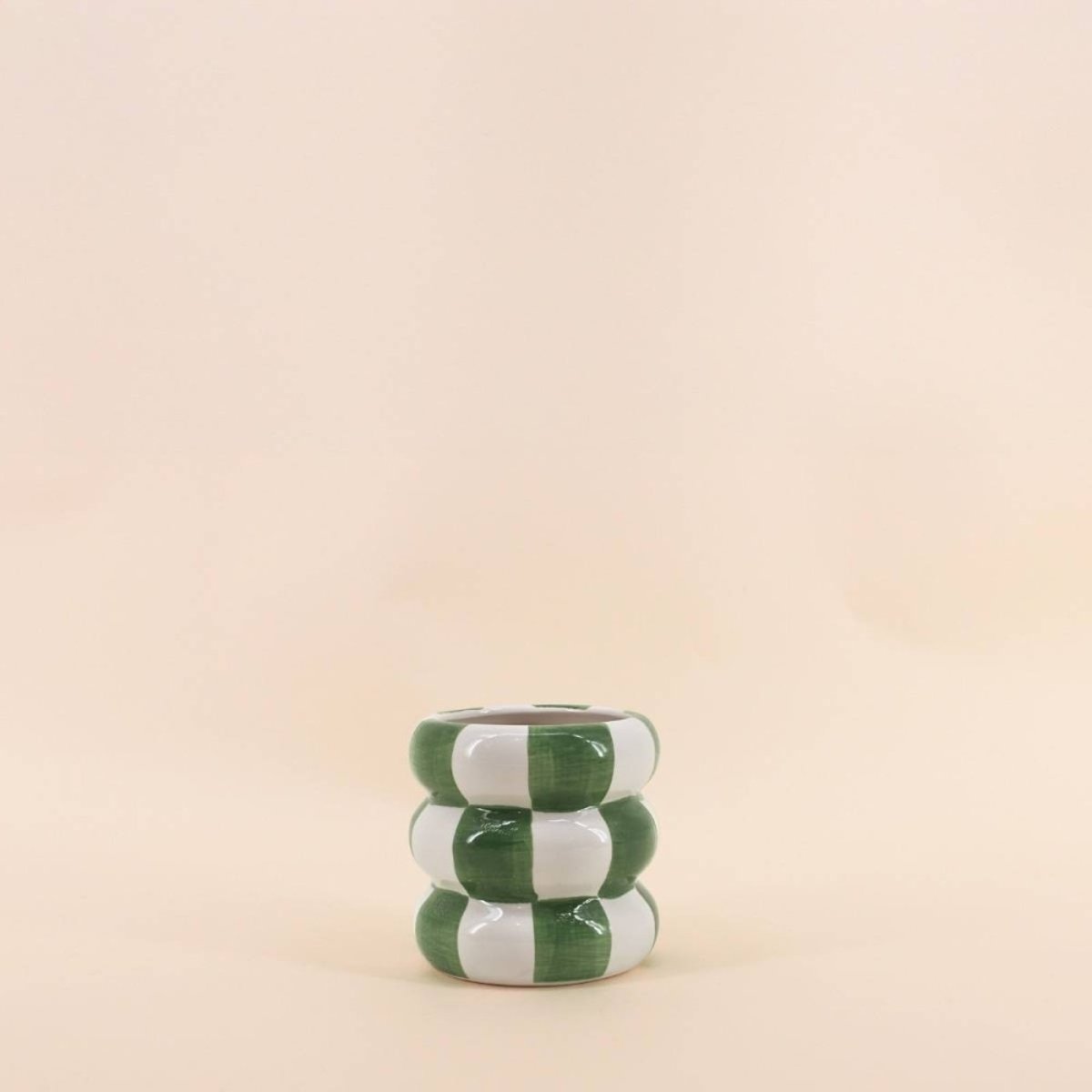 Cache pot en céramique à damiers, H10cm vert, ORNAMI