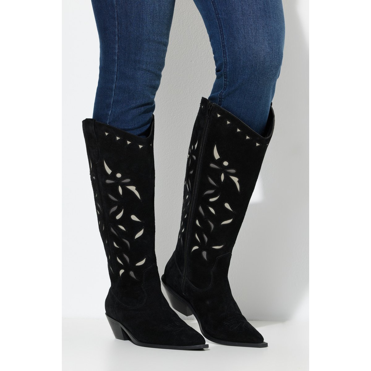 Bottes en cuir esprit cowboy , pied large noir, ULLA POPKEN