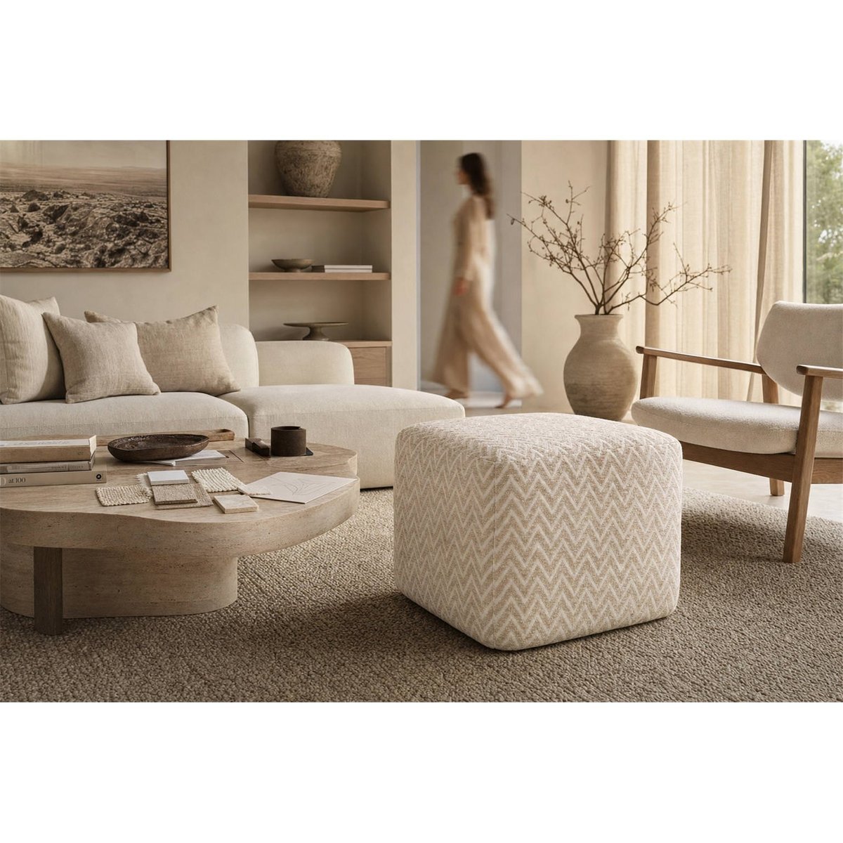 Pouf carré tissé à motif chevron beige chevron, RECOLLECTION