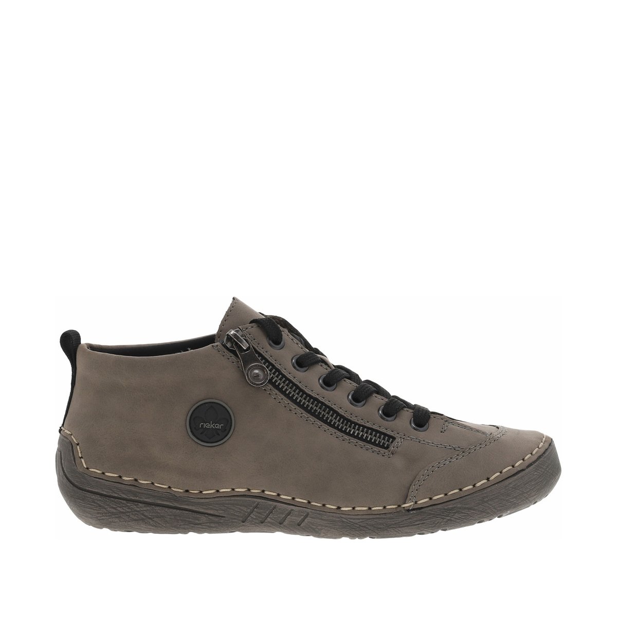Bottines noires à talon plat avec un logo cousu sur le côté et des lacets taupe, RIEKER