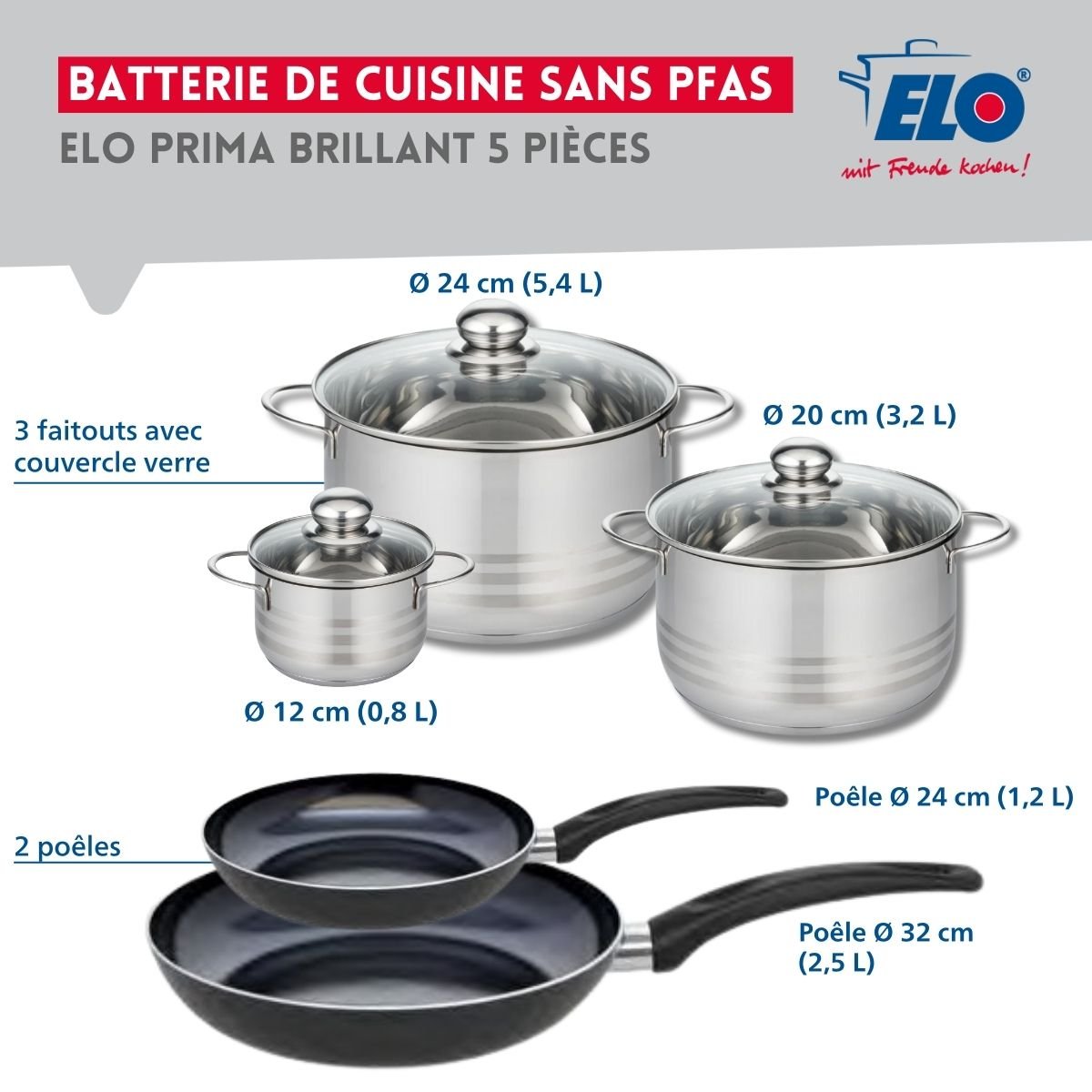 Batterie 2 poêles 24/32cm + 3 faitouts 12/20/24cm PRIMA BRILLANT noir, ELO
