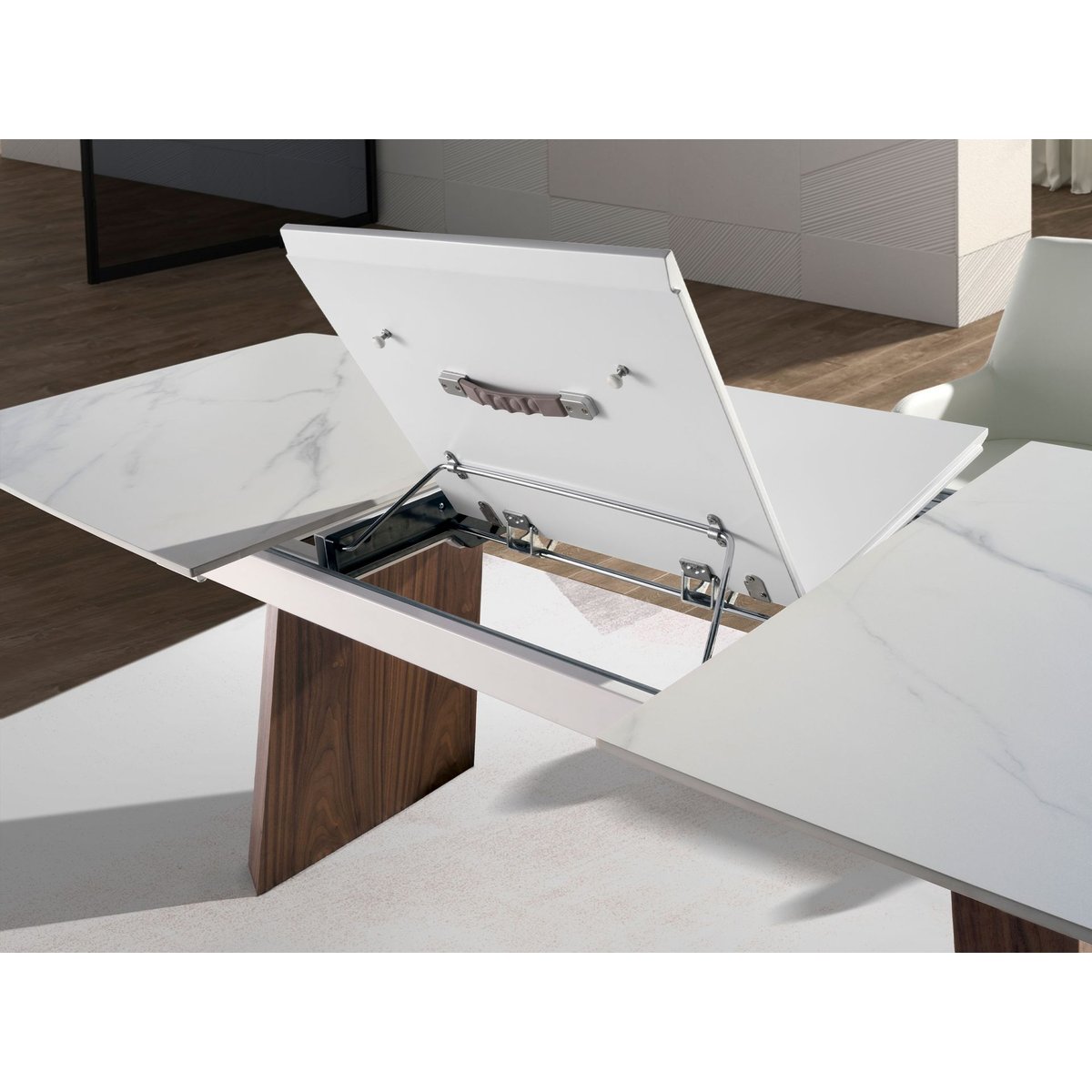 Table à manger à rallonge baril ovale marbre porcelaine et noyer blanc | noyer, ANGEL CERDA
