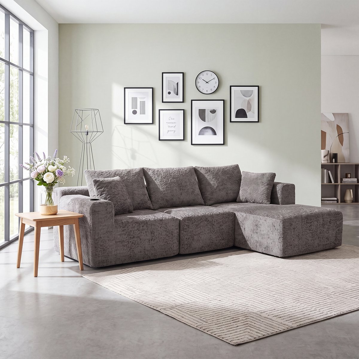 Canapé d'angle compressé 3 places en chenille, LANDIA gris, MEUBLES COSY