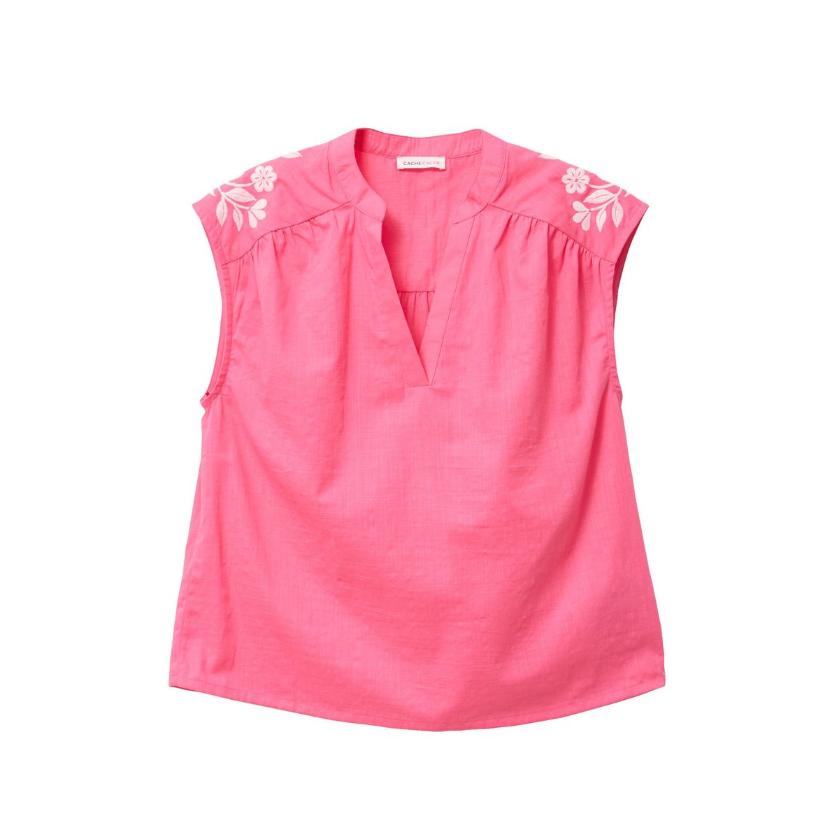 Blouse droite sans manches col v rose fushia, CACHE CACHE