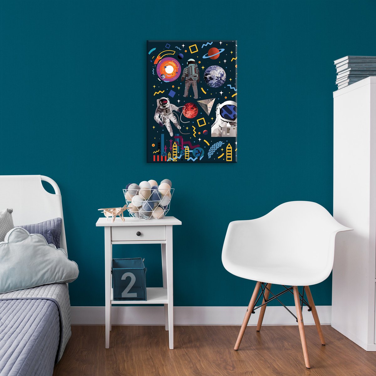 Toile imprimée Astronautes dans l'univers noir, rouge, bleu, ART FOR THE HOME