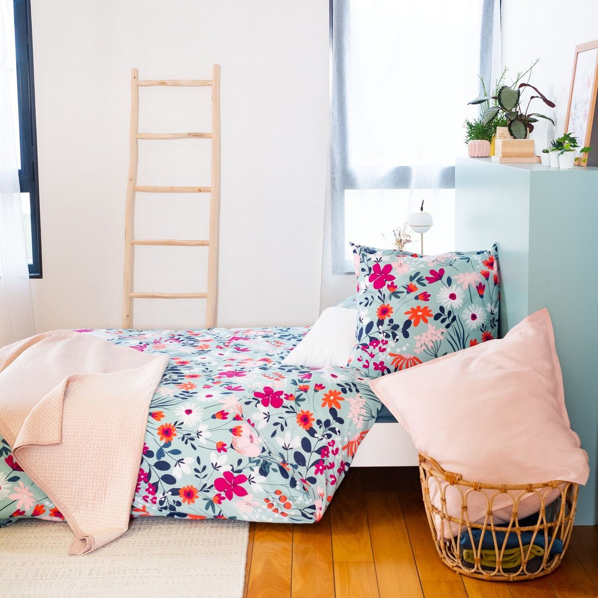 Parure housse de couette en coton imprimée, Flore bleu, C DESIGN HOME TEXTILE