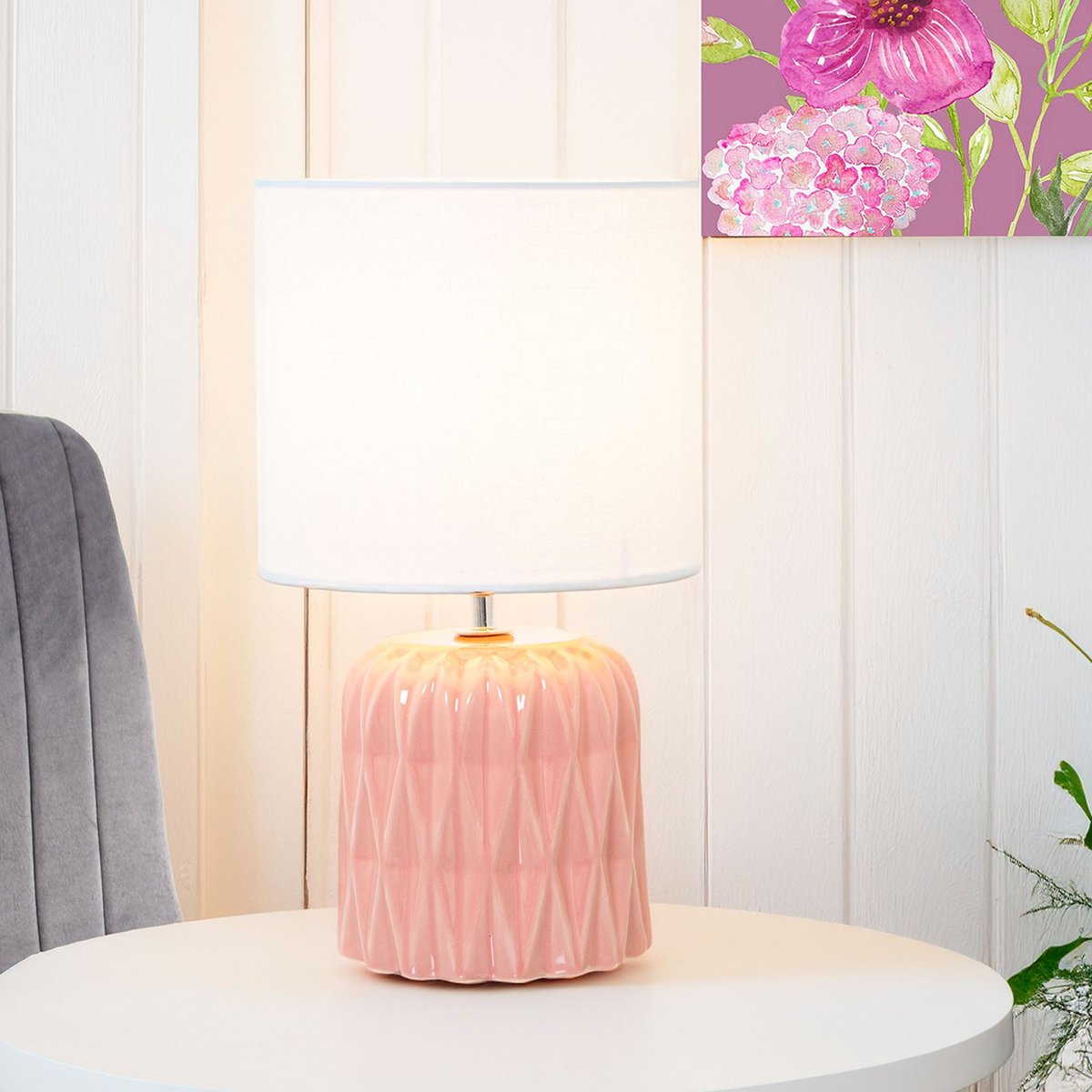 Lampe à poser en céramique rose et abat-jour beige 17x17x30cm rose, WADIGA
