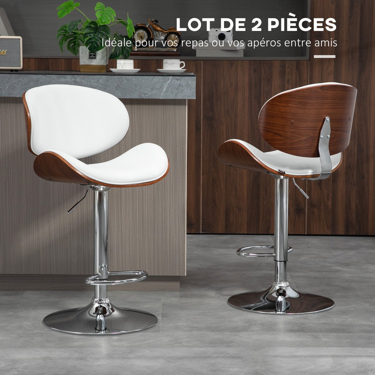 Tabouret de bar Revêtement synthétique Blanc blanc, noyer, argent, HOMCOM