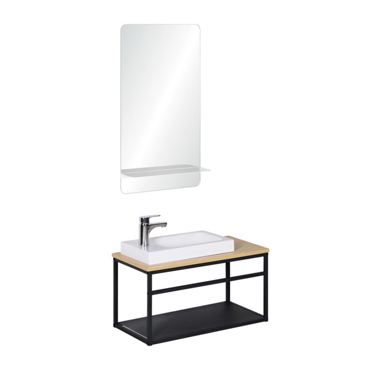 Ensemble lave-mains grande largeur avec robinet et miroir 60cm WILO vasque blanche, robinet chromé et miroir, MOB IN