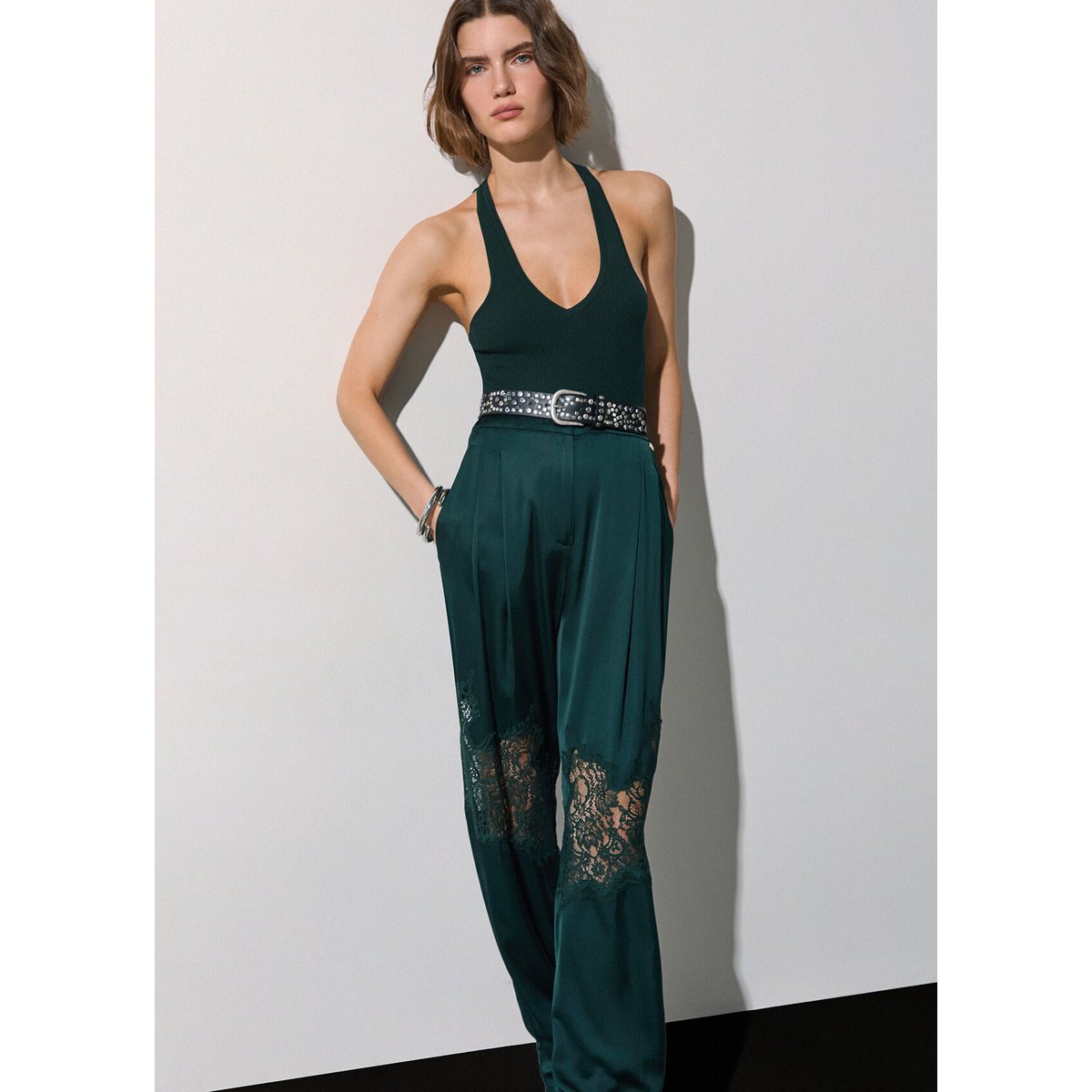 Pantalon en satin avec détails en dentelle vert foncé, LIU JO