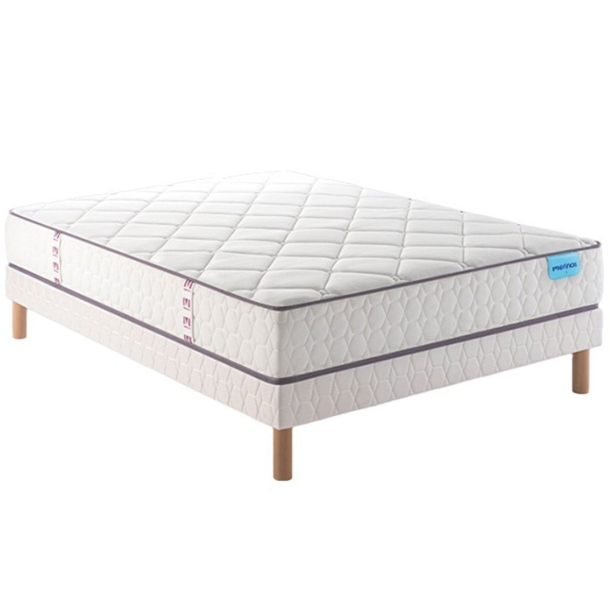 Ensemble matelas ressorts et mémoire de forme CHEER BED, sommier TWIST et pieds blanc, MERINOS