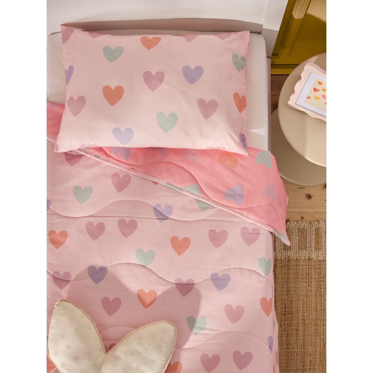 Parure housse de couette et taie d’oreiller rose motif cœurs, NEXT
