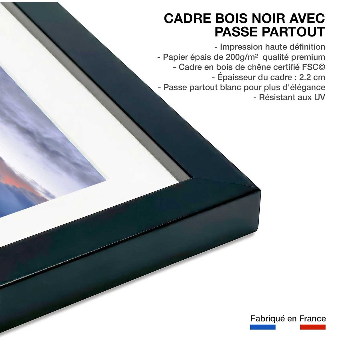 Affiche photo bleue reflets d'eau affiche + cadre en bois - noir, HEXOA