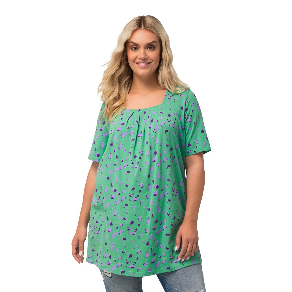T-shirt long, motifs à pois, encolure carrée vert printanier, ULLA POPKEN