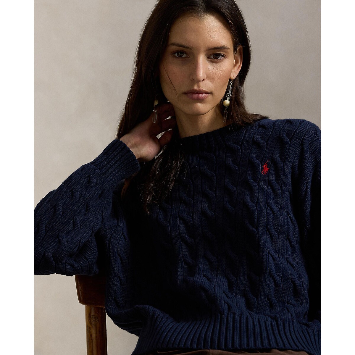 Cable Knit Crew Neck Long Sleeve Loose Fit Jumper navy, POLO RALPH LAUREN