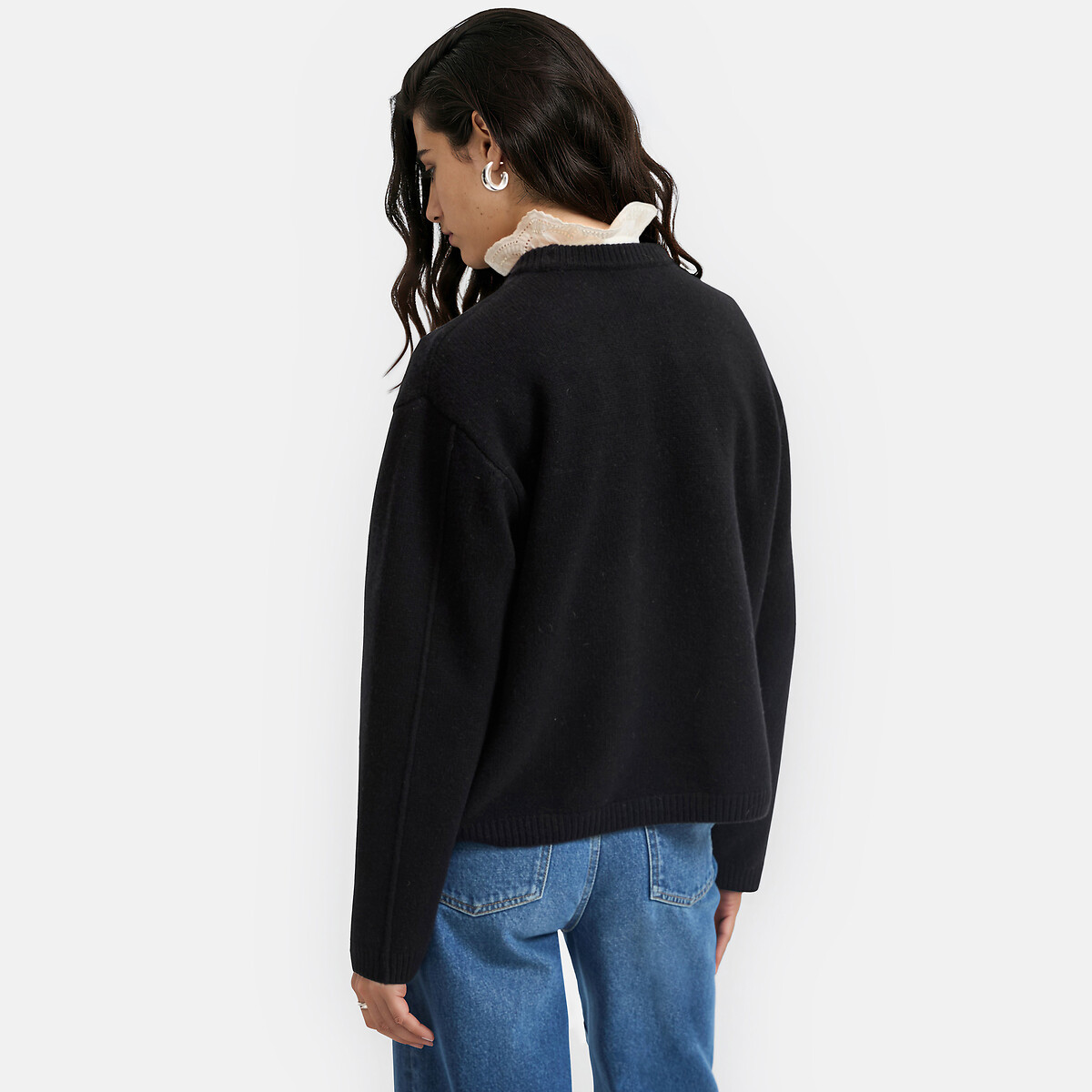 Jersey de cuello redondo de lana con botones en el lateral negro, LA REDOUTE COLLECTIONS
