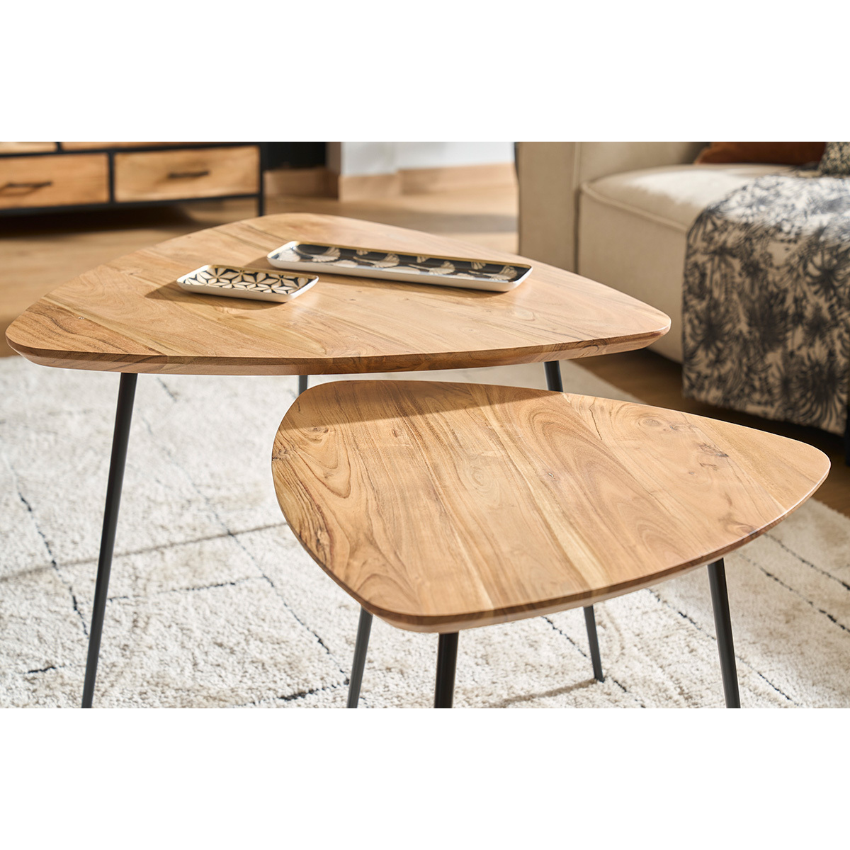 Tables basses gigognes bois massif et métal noir (lot de 2) STONES bois brut, MILIBOO