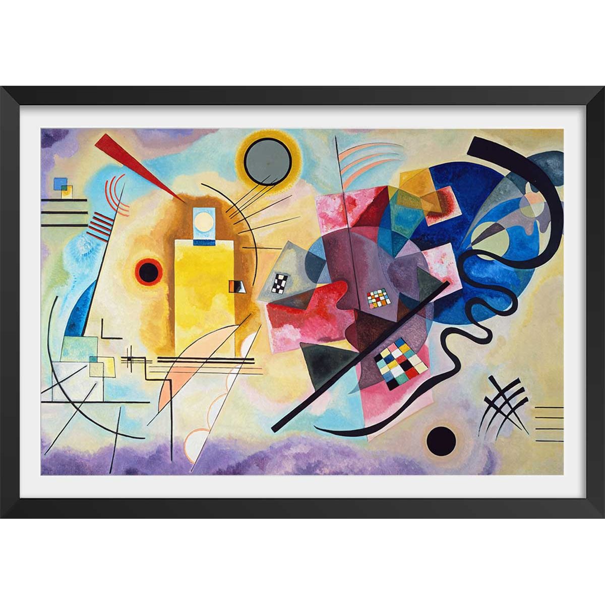 Poster Jaune, rouge en bleu par Wassily Kandinsky affiche + cadre en bois - noir, HEXOA