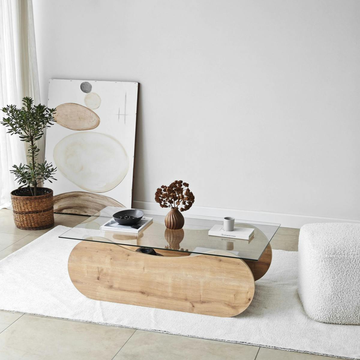Table basse base luge - plateau verre SALTA chêne, PIER IMPORT
