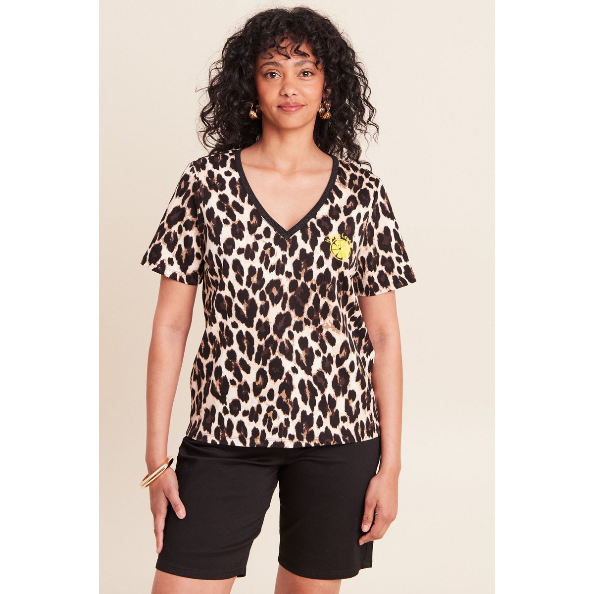 T-shirt col v manches courtes brodé marron, BREAL