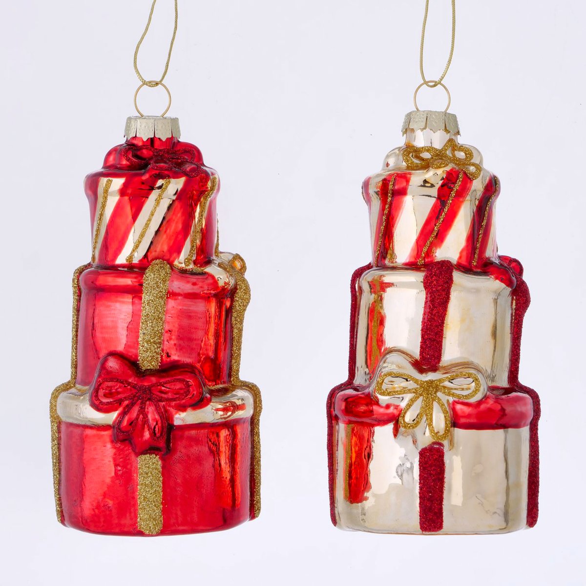 Set de 2 boules de Noël cadeaux en verre laqué rouge et beige 6.5x6.5x13.5cm doré, WADIGA