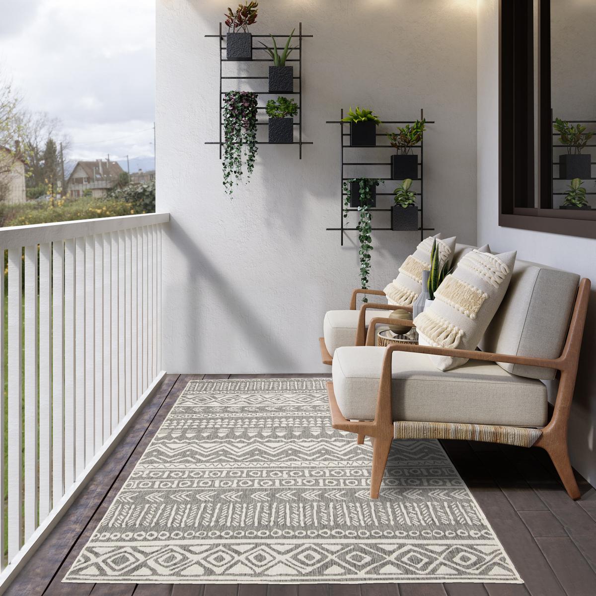Tapis extérieur, kilim reversible LYN2 AO REVERSIBLE gris, écru, UN AMOUR DE TAPIS