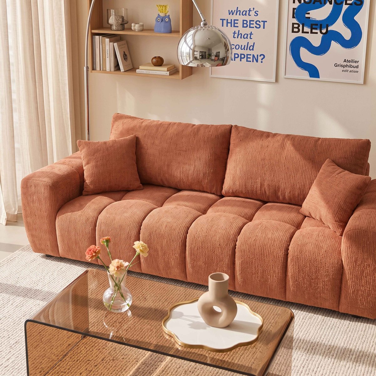 Canapé droit en polyester 3 places, NEPTUNE terracotta, OVIALA