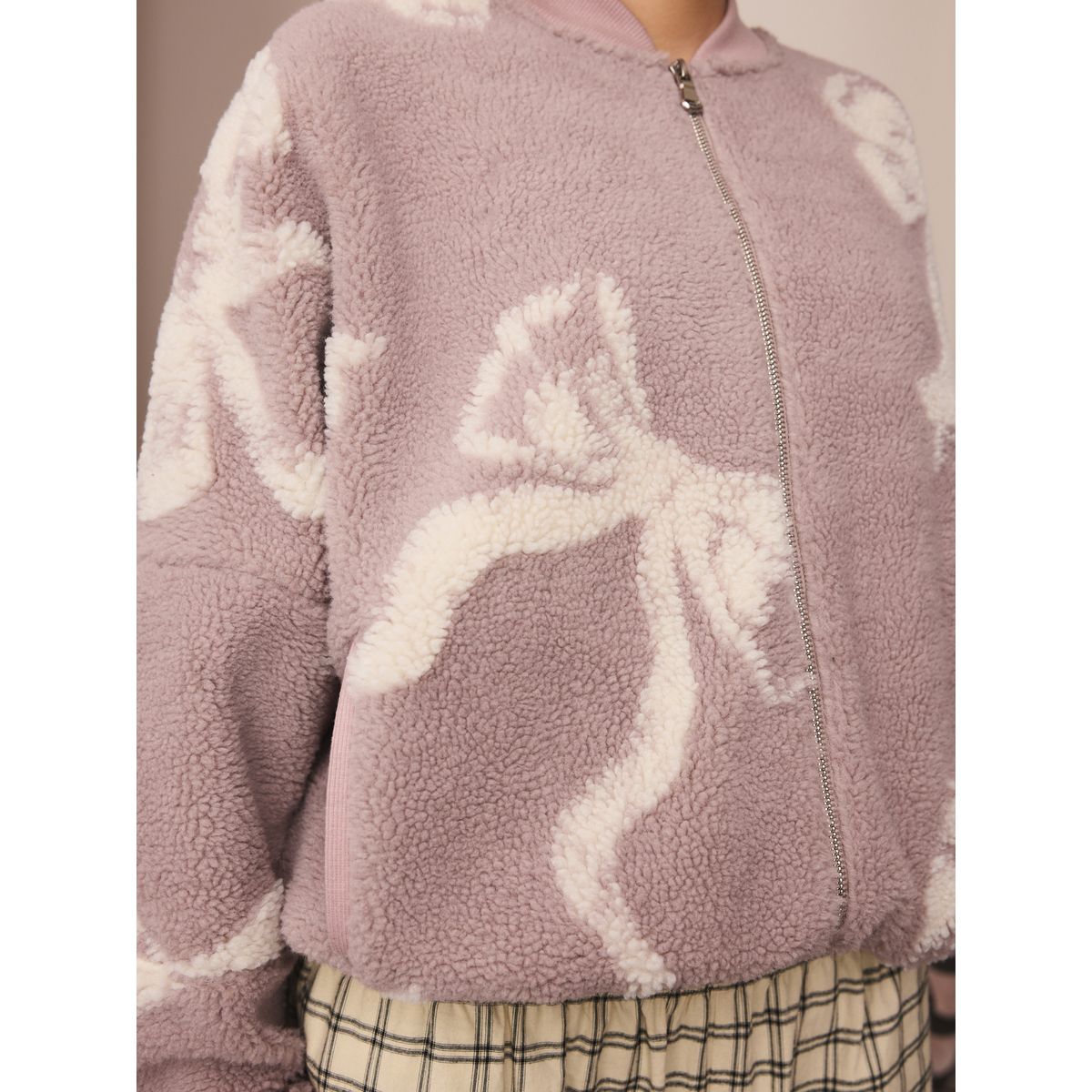 Veste polaire zippée en peau lainée noeud rose, NEXT