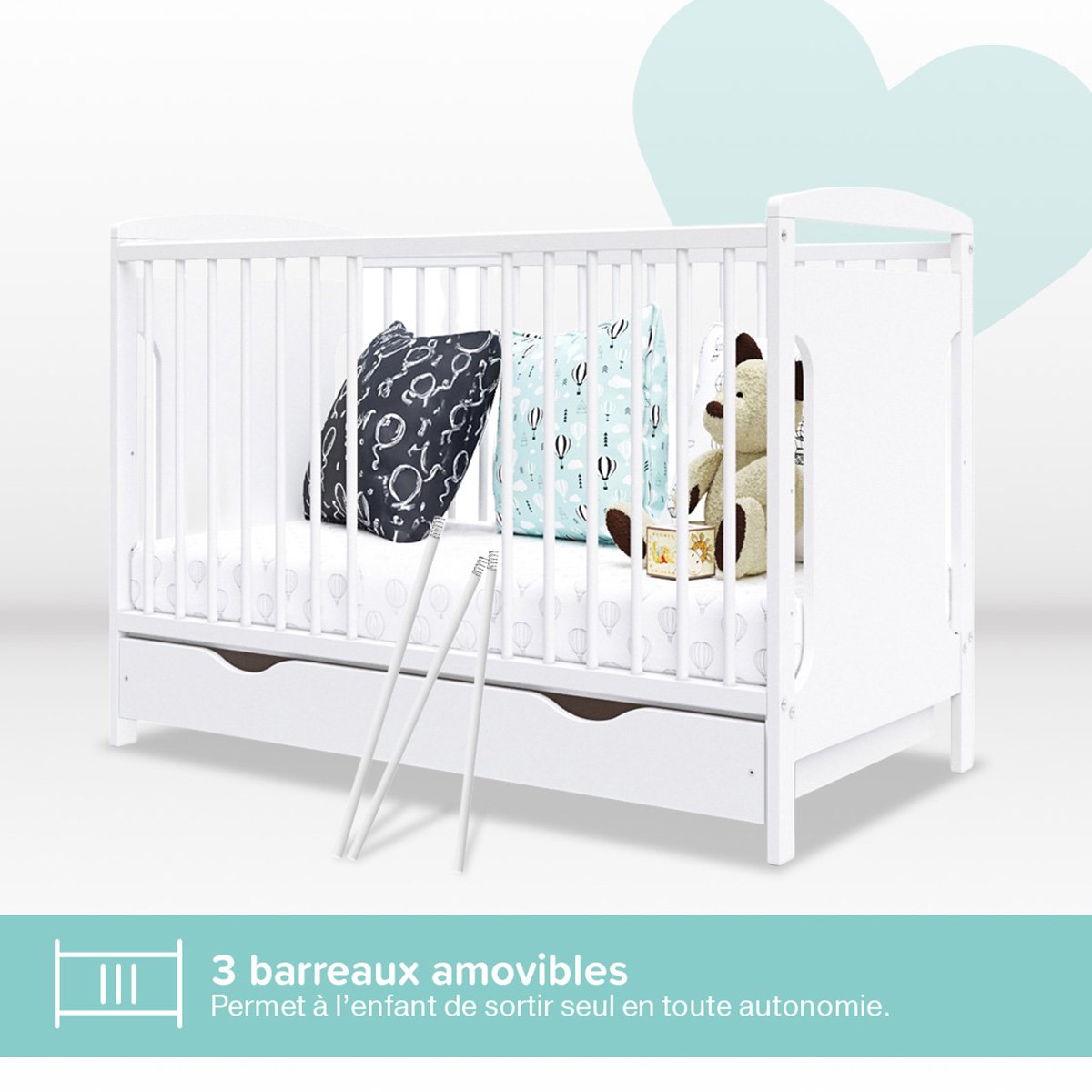 Lit bébé évolutif Margot - Design sobre - Grandit avec l'enfant blanc, MINEA