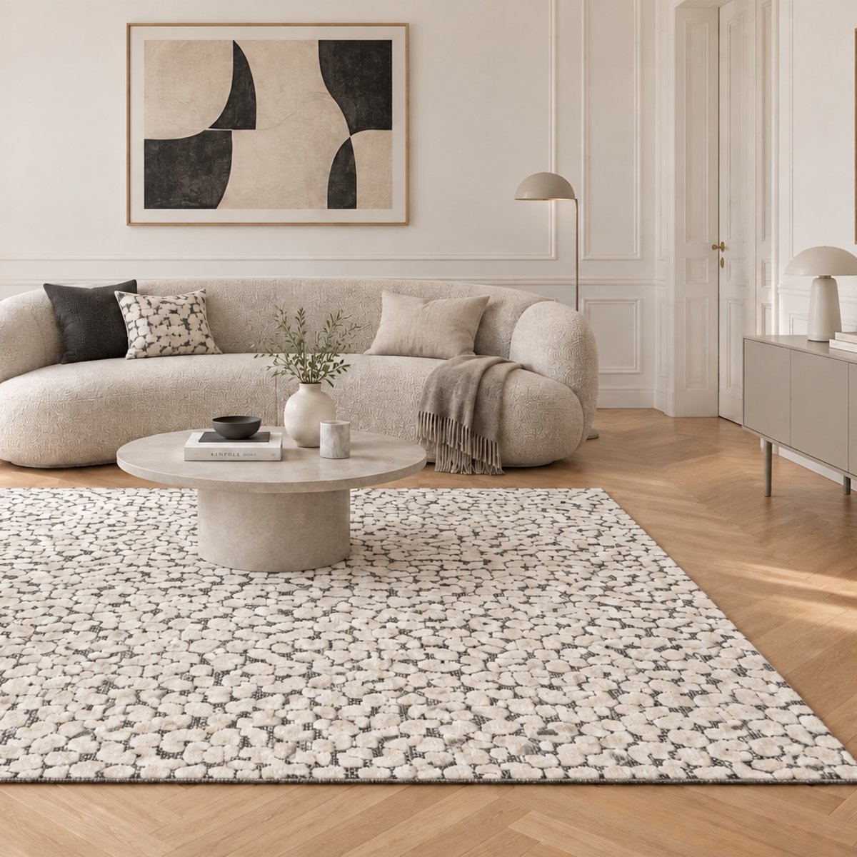 Tapis doux effet sculpté beige et blanc OPUS gris minéral, AFK LIVING