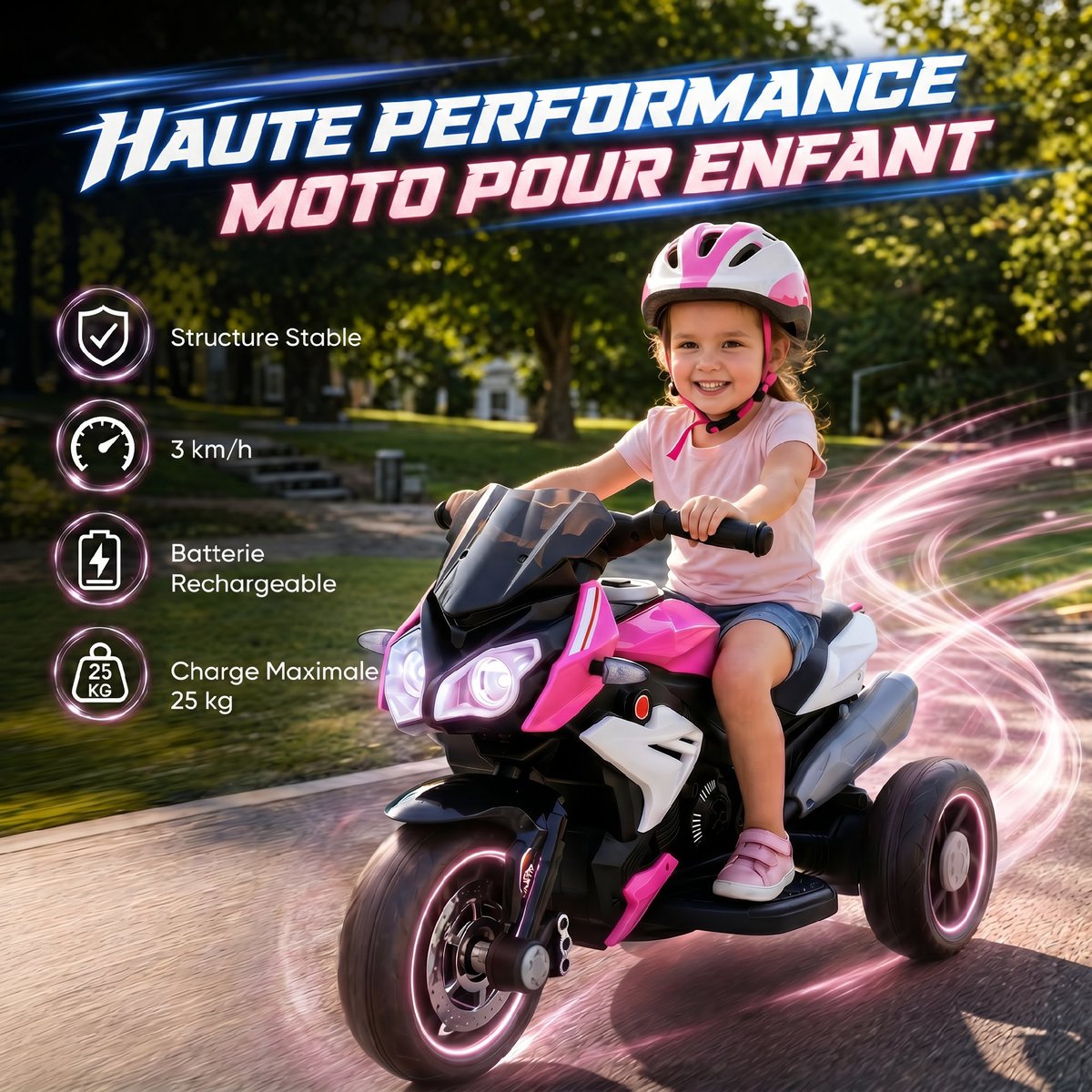 Moto électrique à conducteur assis PP Rose rose et noir, HOMCOM