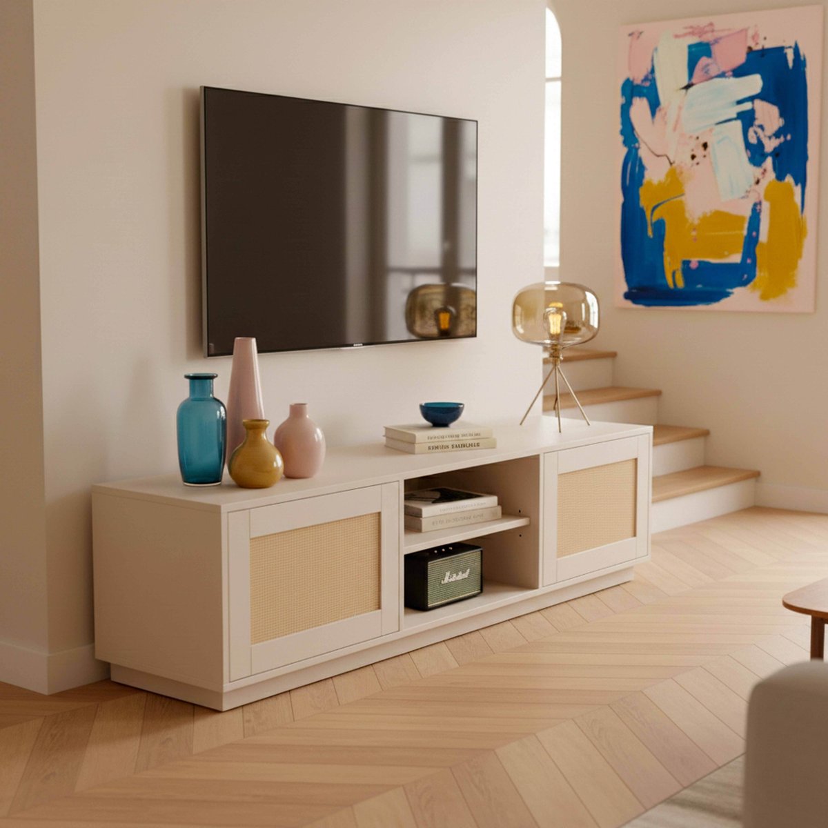 Meuble TV effet bois et cannage en rotin naturel 160 cm style bohème, WALTER crème, OVIALA