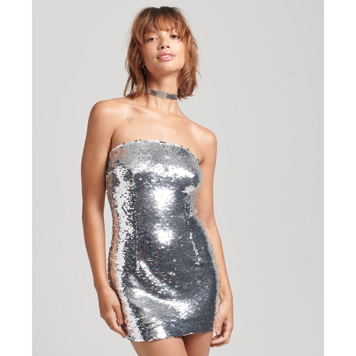 Robe bustier moulante à sequins argent à sequins effet écailles, SUPERDRY
