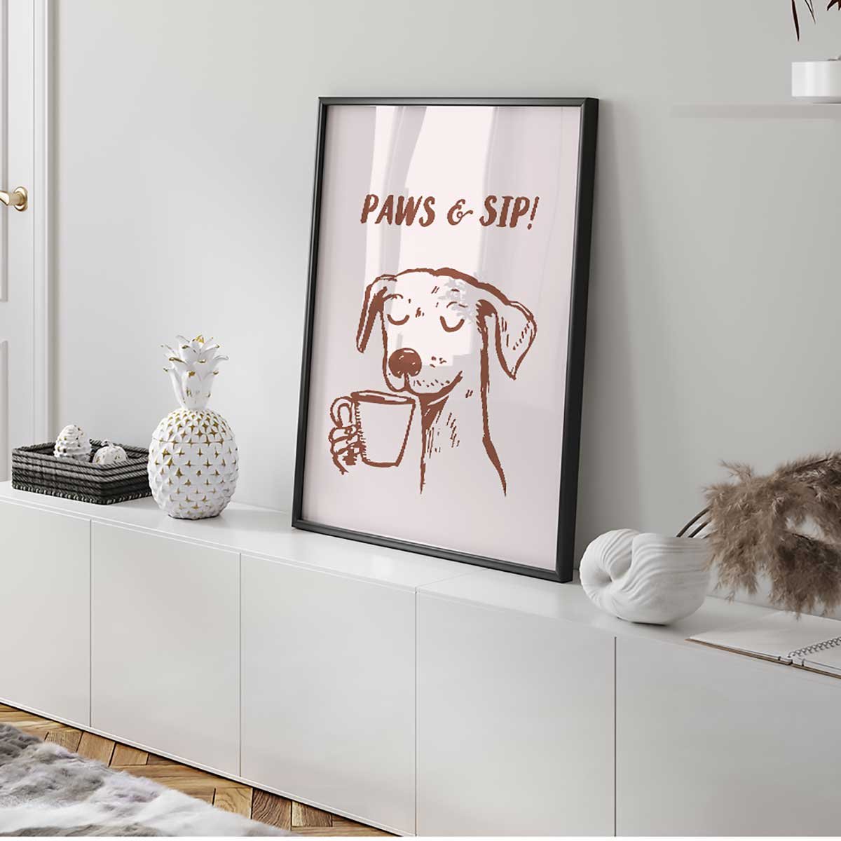 Affiche encadrée chien café minimaliste affiche + cadre en métal - noir, HEXOA