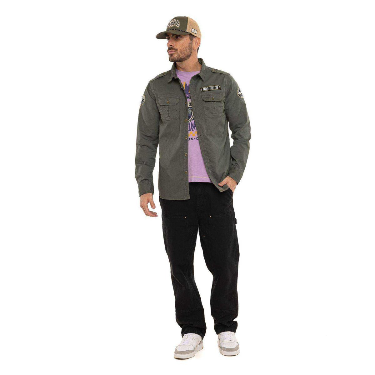 Chemise en coton IVY kaki/noir/jaune, VON DUTCH