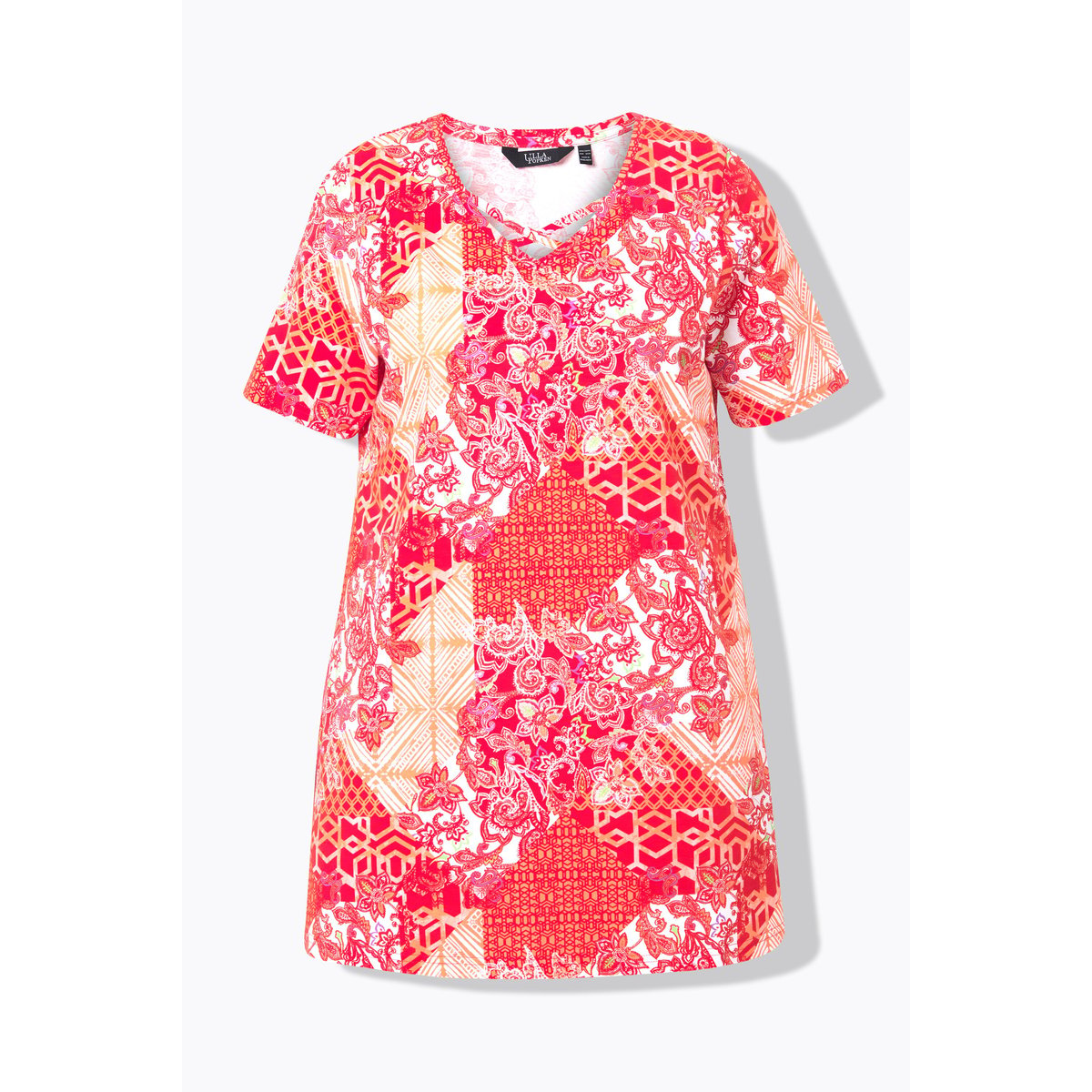 T-shirt long. Mélange d'imprimés. Col V et corail, ULLA POPKEN