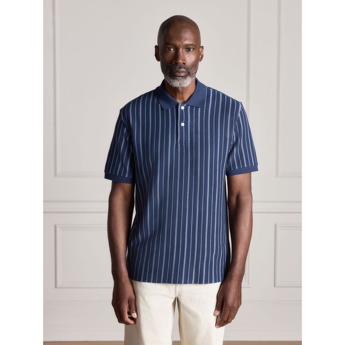 Polo standard en supima à rayures verticales bleu, NEXT