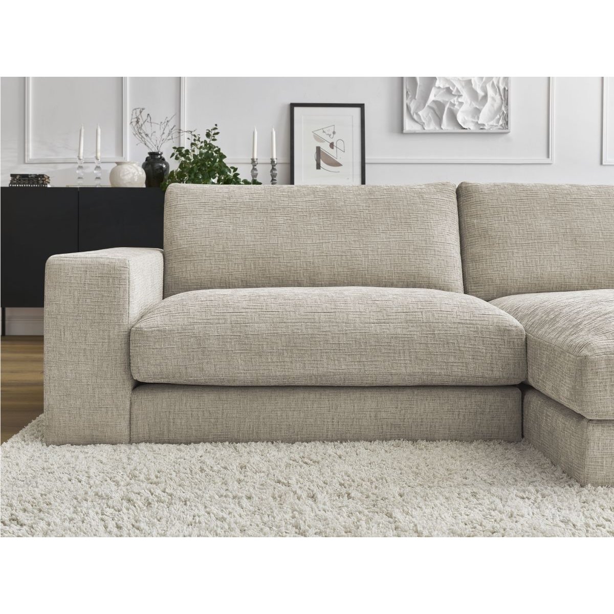Canapé d'angle fixe 4 places en tissu texturé, LEONARD beige, BOBOCHIC