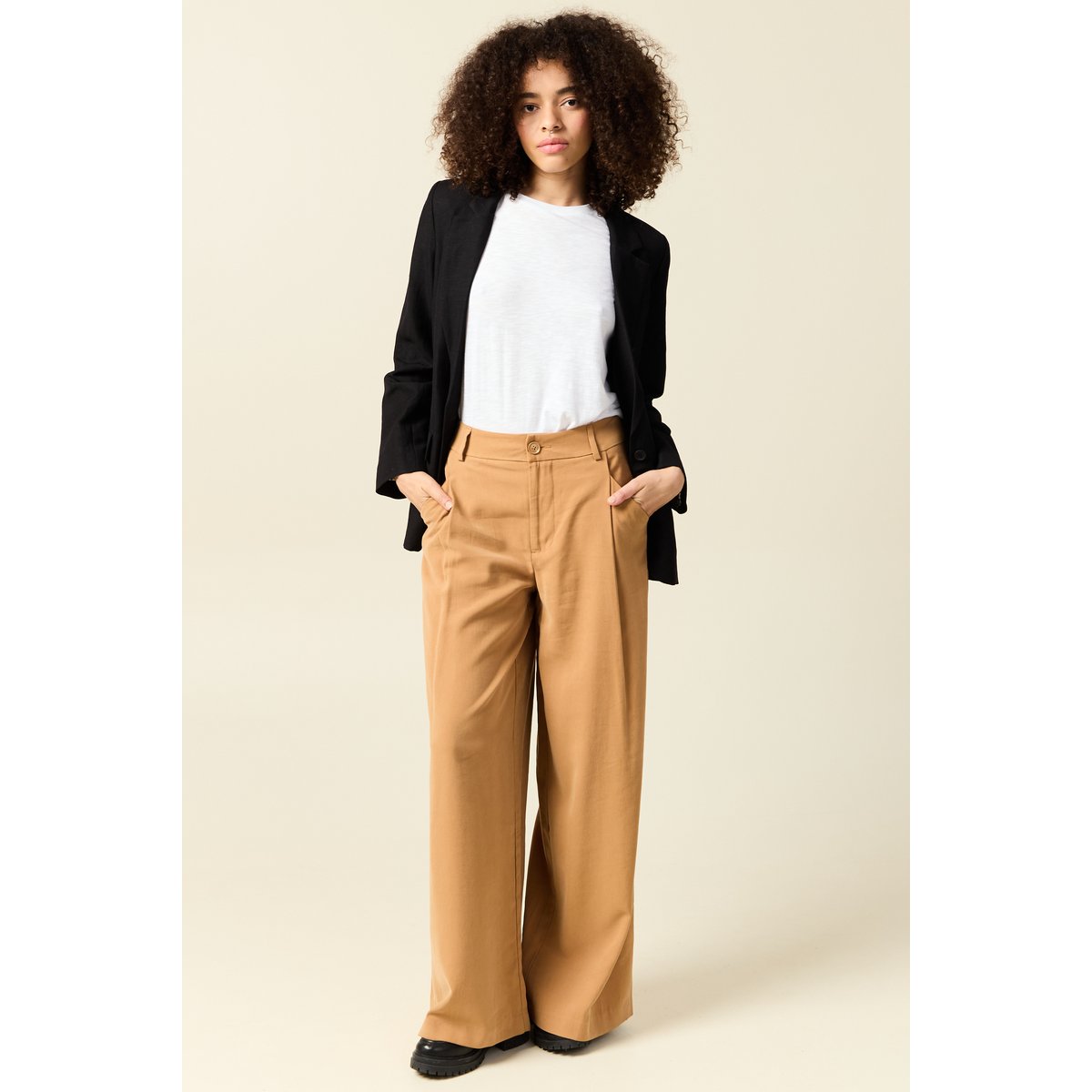 Pantalon large taille haute marron clair, BONOBO