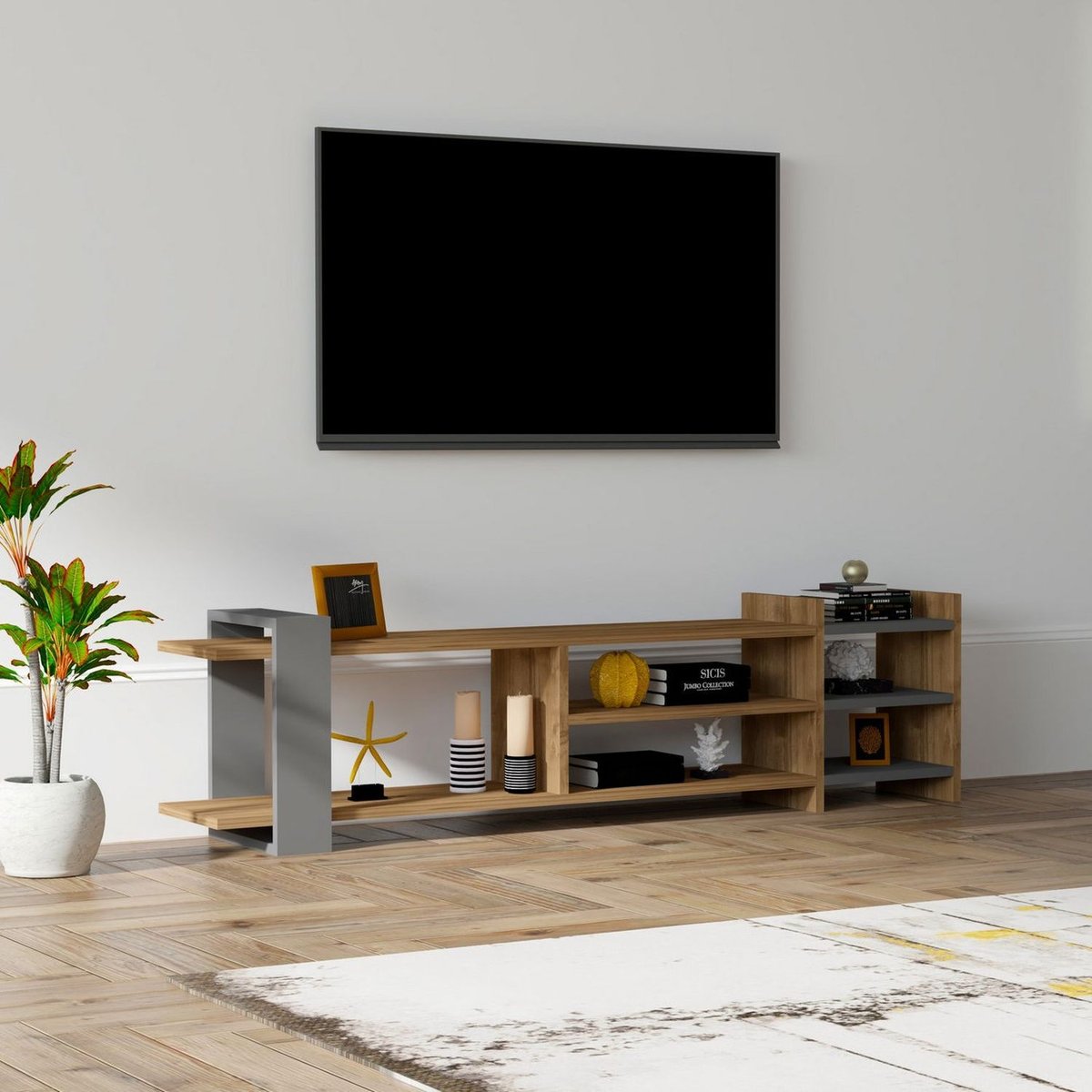 Meuble TV 3 niveaux design industriel ZEYNA gris foncé, TOILINUX