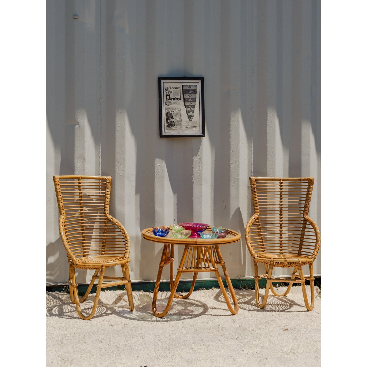 Ensemble de table et fauteuils en rotin Ange N°24 - Bon état bois clair, DEBONGOUT