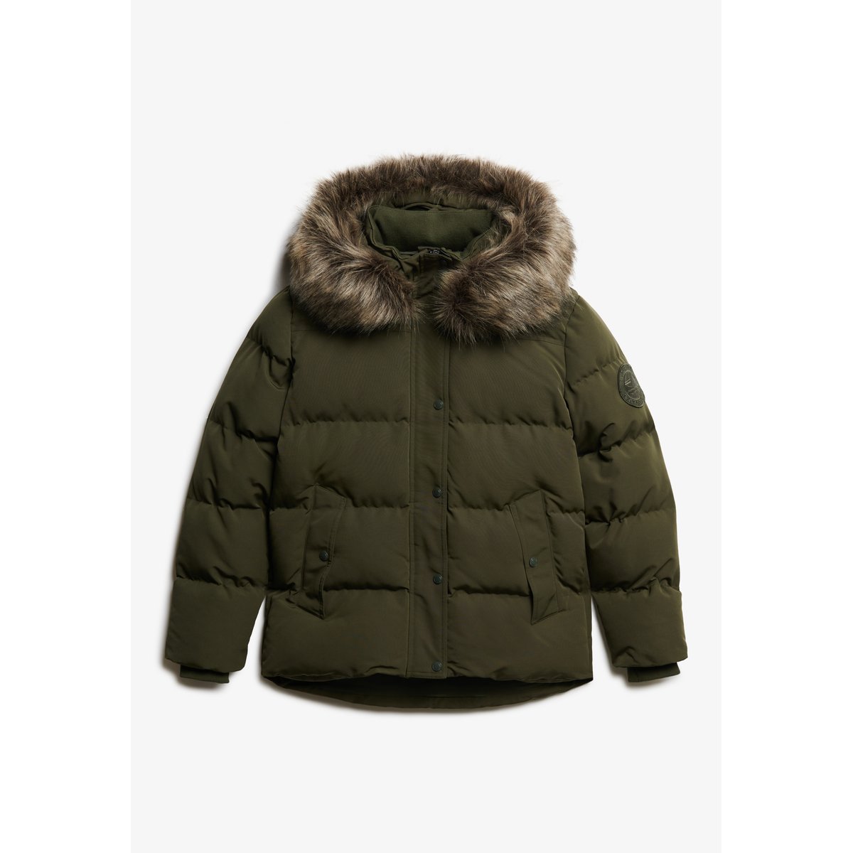 Doudoune courte à capuche en imitation fourrure kaki militaire, SUPERDRY