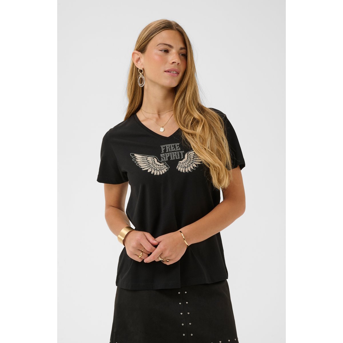 T-shirt à manches courtes noir rhinestone wings, CREAM