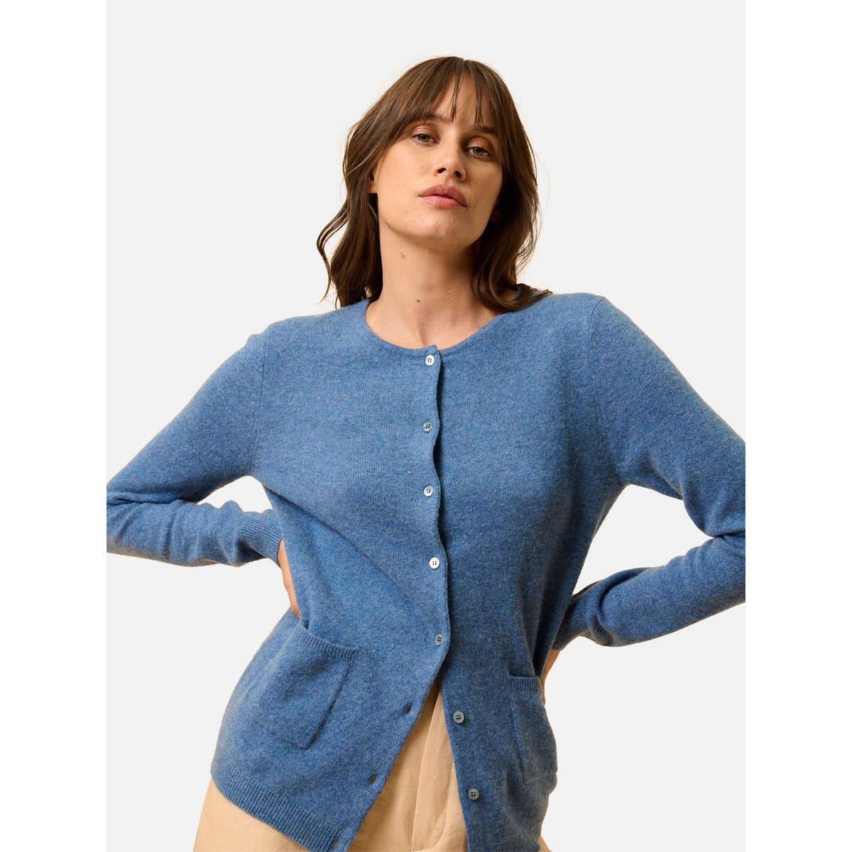 Cardigan Col Rond Bleu Denim Katharine bleu denim, JUST CASHMERE